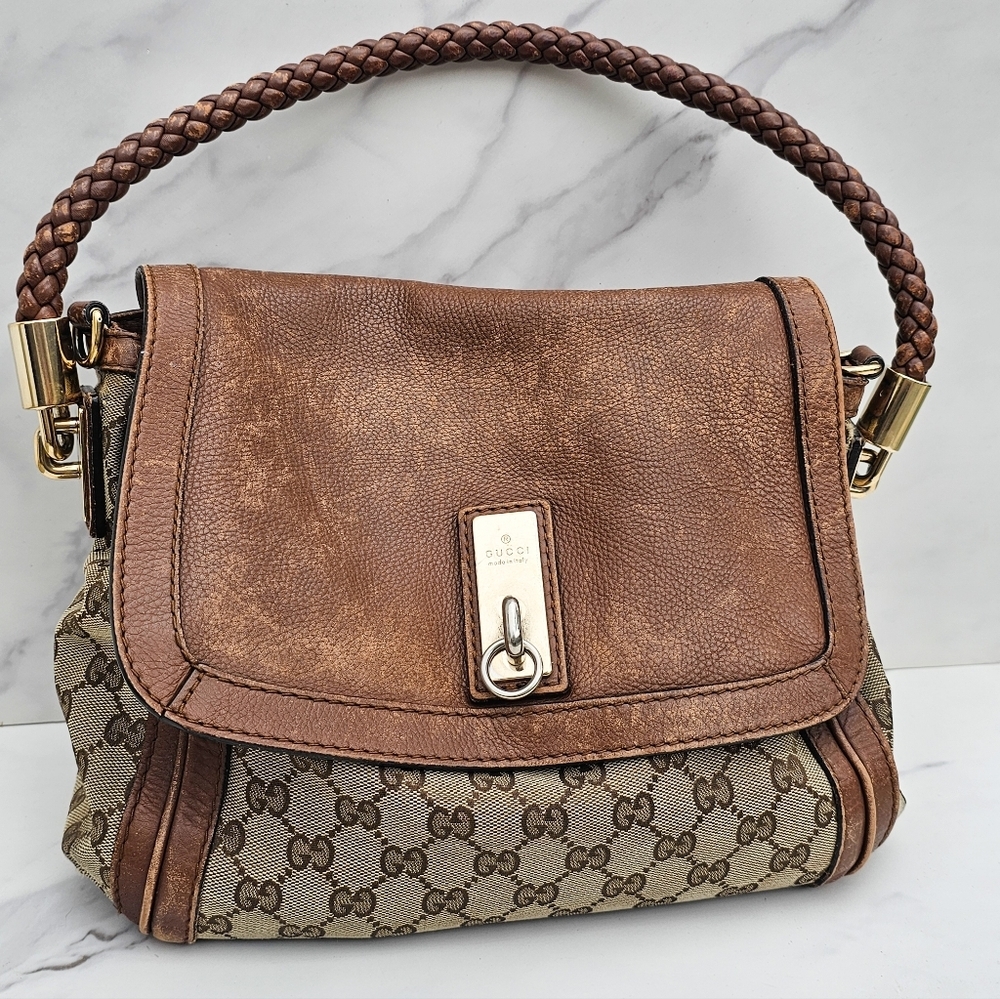 GUCCI Bella Canvas Hobo Bag With Leather Trim & Braided Strap